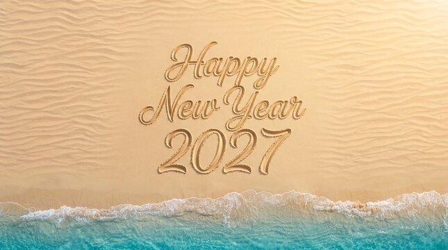 Happy New Year 2027 text written on golden beach sand.