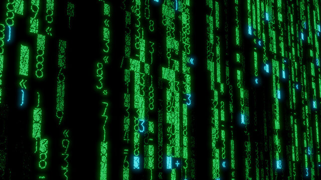 Pixelated Green and Blue Data Grid of Numbers and Symbols on Black Background, Ideal for Technology, Data Visualization, and Digital Interface Applications