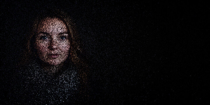 Digital ID Portrait of European Woman with Face made up of Numbers and Symbols. Facial recognition Concept with copy-space.