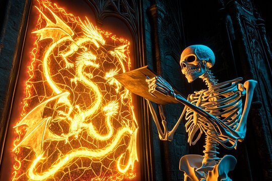 Skeleton artist creates dragon art in gothic castle setting