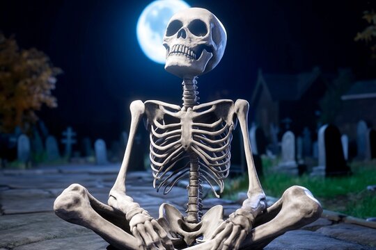 Skeleton sits cross legged in graveyard under full moonlight