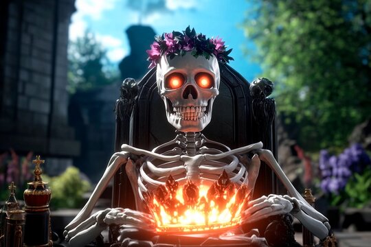 Skeleton engages in eerie celebration surrounded by gothic relics