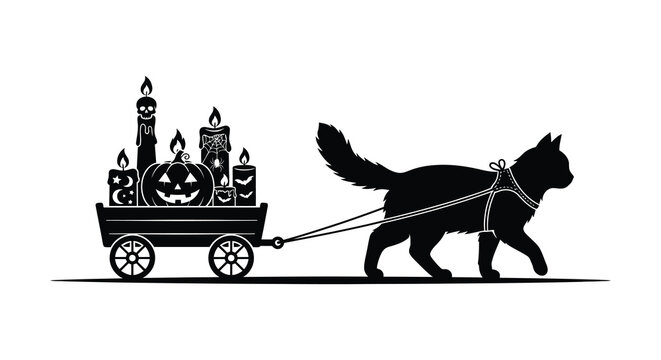 Cat pulling a cart filled with halloween decorations black silhouette