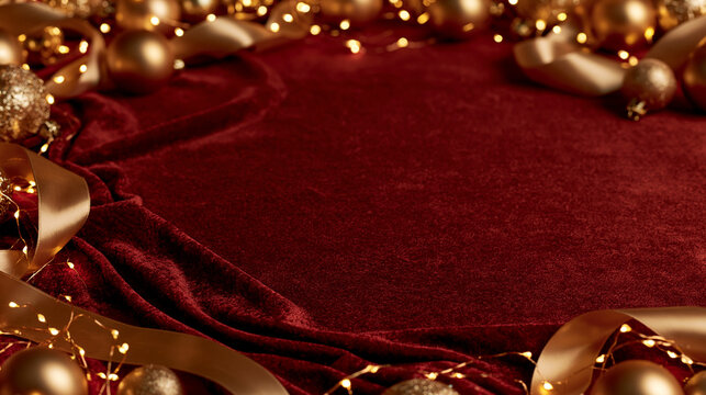 Dark red velvet Christmas background with golden decoration.