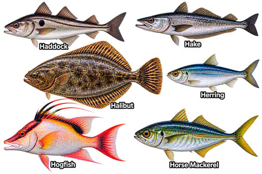 Haddock Hake Halibut Herring, Hogfish Horse Mackerel Art, Dark Gradient Marine Chart, Varied Aquatic Poster, Educational Fish Reference  