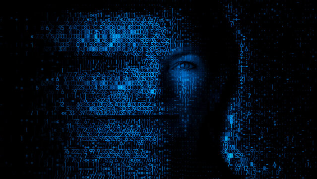 Human Face dissolving into Code Fragments. Liveness Detection Concept.