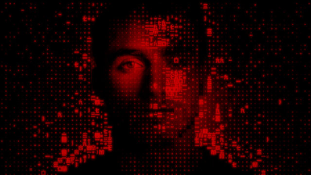 Male Face dissolving into Machine Data, illustrating Virtual Identity Concept.