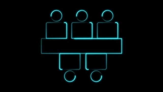 Glowing cyan outline icon of a group of five people around a horizontal table or banner on a black background.