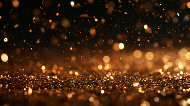 Sparkling golden glitter and bokeh dust on dark background.