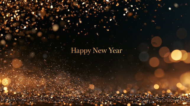 Happy New Year text with golden sparkling glitter on dark background.
