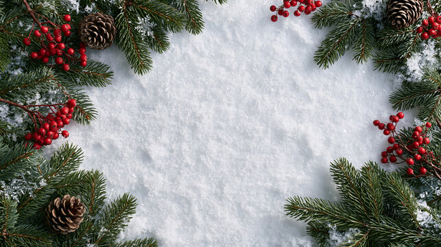 Blank snow background framed by fir branches and red berries.