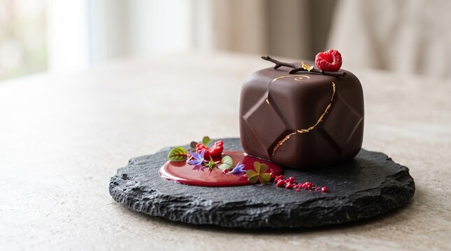 Gourmet chocolate mousse cube dessert served on a black stone plate