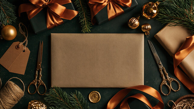 Blank kraft paper envelope and christmas decorations on dark background.