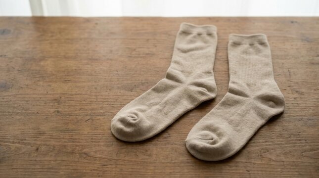Pair of beige socks lying on a wooden surface with soft light.