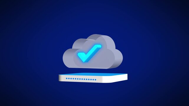 3d cloud icon with a glowing blue check mark above a small server device on a dark blue background, representing secure cloud storage and verified data.