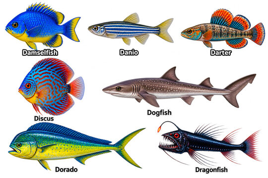 Damselfish Danio Darter Discus, Dogfish Dorado Dragonfish Art, Dark Gradient Marine Chart, Bright Tropical Poster, Educational Fish Reference  