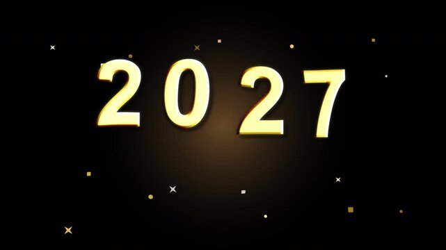 Golden 2027 new year celebration text, animated golden balloons floating, festive confetti drops, motion graphic