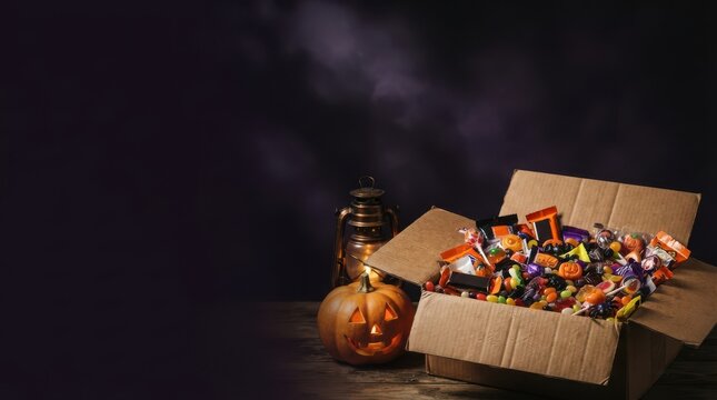 Halloween pumpkin with a cardboard box full of assorted candy treats