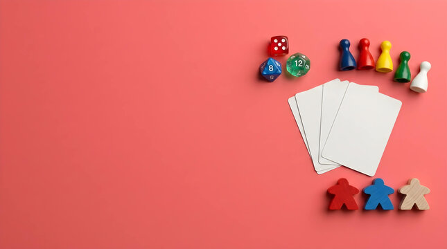 Board game components with blank cards, colorful meeples, and dice on red background with copy space