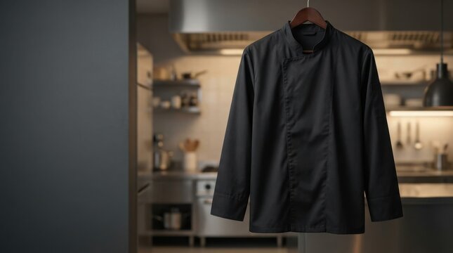 Black chef jacket hanging in a professional kitchen.