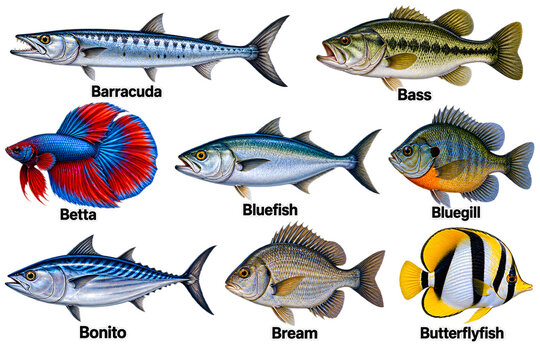 Barracuda Bass Betta Bluefish, Bluegill Bonito Bream Butterflyfish, Dark Gradient Marine Chart, Varied Colorful Poster, Educational Fish Reference Art  