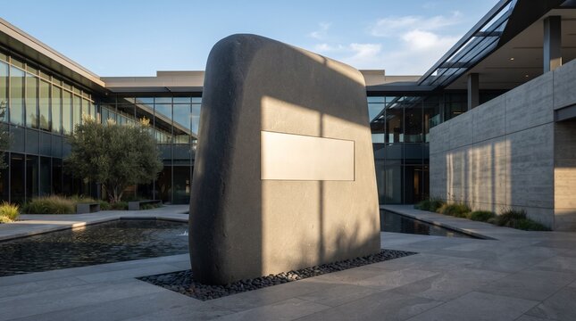 Large stone monolith sculpture in a modern architectural courtyard with water feature