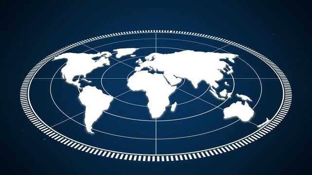 White world map animation shines on a circular grid surface. International navigation paths route over the world map. Global corporate communication uses the world map.