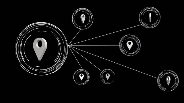 Map location pins animation connects dynamic travel routes. Digital network navigation points route the location pins. Geographic itinerary tracking guides location pins.