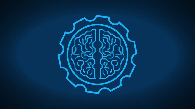 Blue brain circuit animation pulses inside a mechanical gear. Artificial intelligence computing drives the brain circuit. Smart automation systems run this brain circuit.
