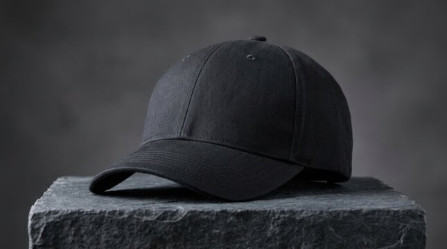 A plain black baseball cap rests on a textured stone pedestal against a dark background.
