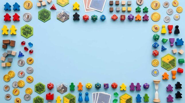 Tabletop board game components and dice forming frame on blue background with copy space