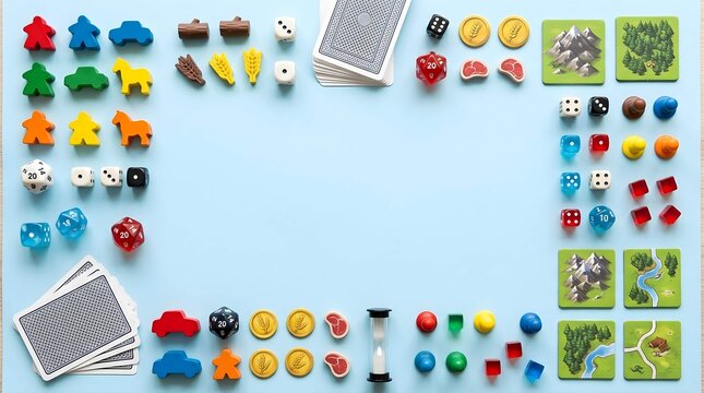 Top view of board game pieces and resource tokens forming a frame border on a blue background