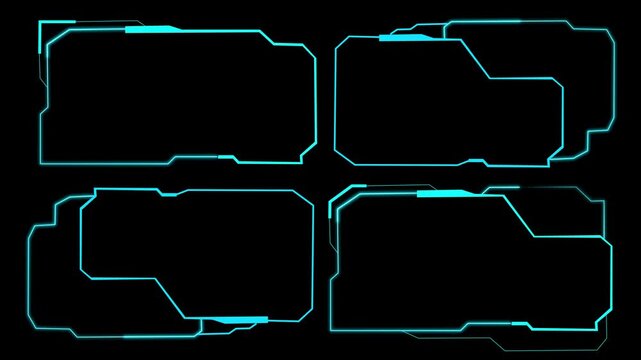 Four cyan futuristic frame borders animate across a grid. High tech user interface panels use these frame borders. Gaming display overlays highlight the frame borders.