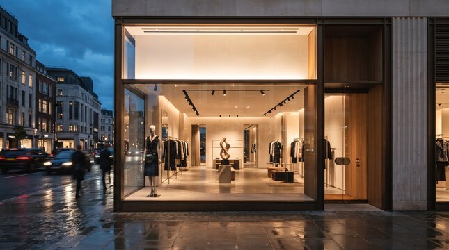 Modern luxury fashion retail store exterior with illuminated window display at twilight.