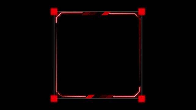 Glowing red square hud frame with corner markers and striped accents on a black background, ideal for futuristic interface overlays and gaming screens.