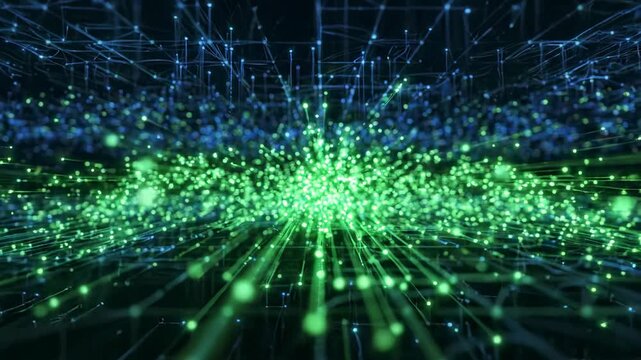Abstract digital cyber network with glowing blue and green data streams, futuristic technology background, data transmission and processing, secure connection, artificial intelligence