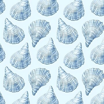seamless pattern with shells and blue background