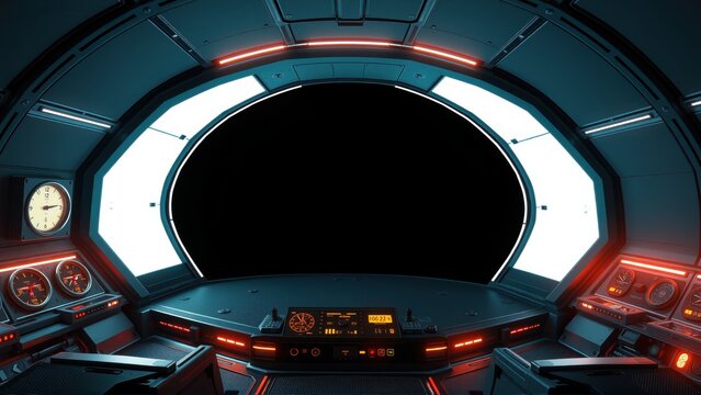 Futuristic cockpit interior. Dark blues, glowing lights, circular design dominates space. Minimalist controls visible. Dramatic lighting creates depth.