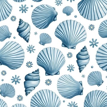 seamless pattern with shells and blue background