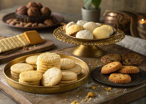 Assorted Indian bakery cookies including coconut biscuits  butter biscuits  and jeera biscuits 