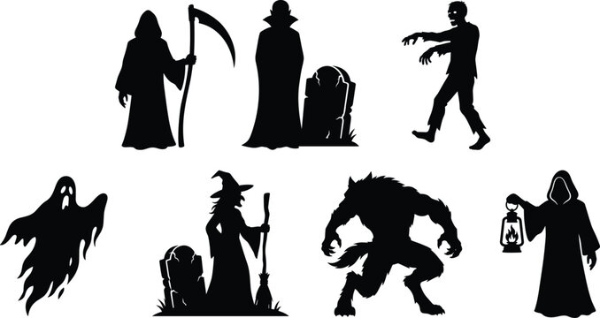 Halloween spooky silhouettes of grim reaper, vampire, zombie, ghost, witch, werewolf, lantern figure isolated vector design