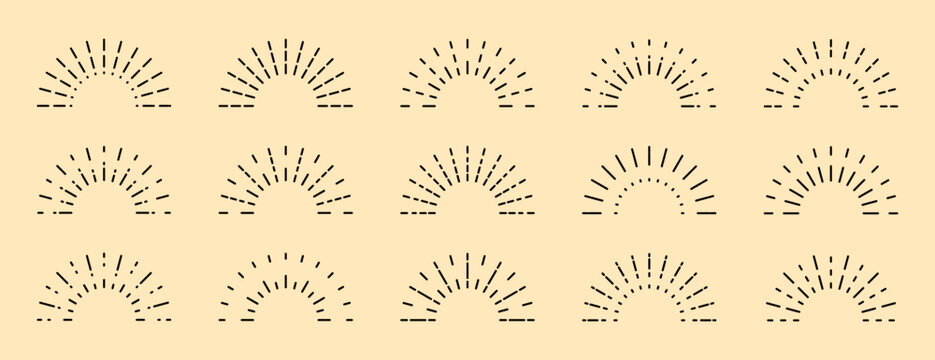 Set of boho half sunrise line icons with various retro, geometric, and radiating line designs