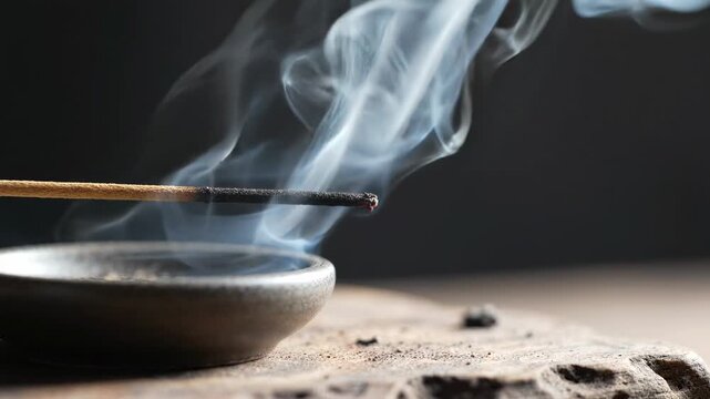 Aromatic incense stick burning with delicate white smoke swirling in a calm dark atmosphere, mindfulness and meditation