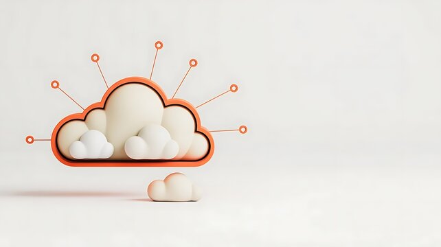 3d rendered cloud computing with orange frame and network nodes on a light grey background, representing digital data, storage and connectivity