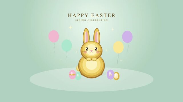 Golden pixel bunny with colorful balloons and Easter eggs animation, happy Easter text overlay, loop