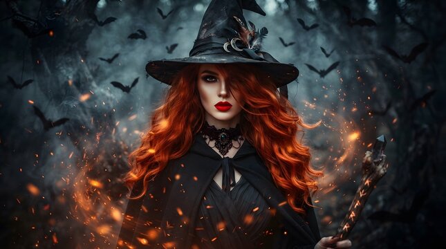 Mysterious witch with vibrant red hair wearing a pointed hat standing in a dark forest with flying bats