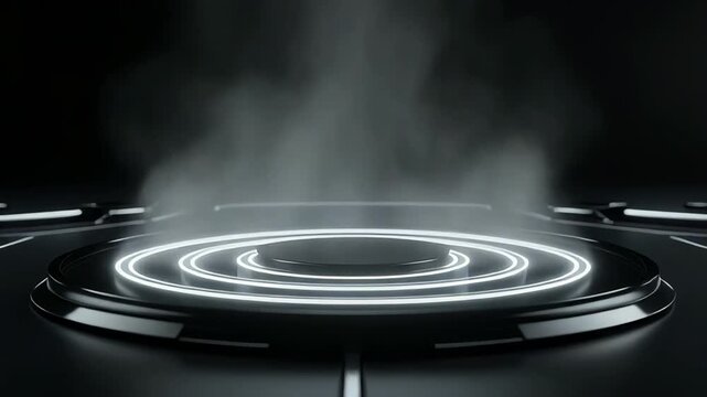 Closeup video of an electric stove activating with glowing concentric heating elements emerge beneath flawless black glass. Steam rises subtly, creating an elegant visual rhythm