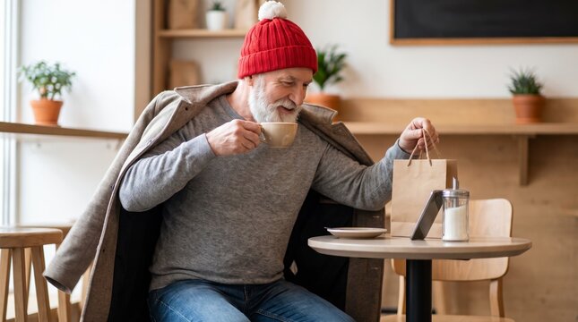 Reflective senior man enjoys coffee and gift bag inside cozy neighborhood cafe