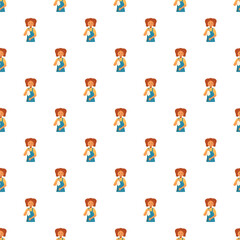 Fototapeta premium Cartoon girl wearing an apron and holding a rag for cleaning, creating a repeating pattern