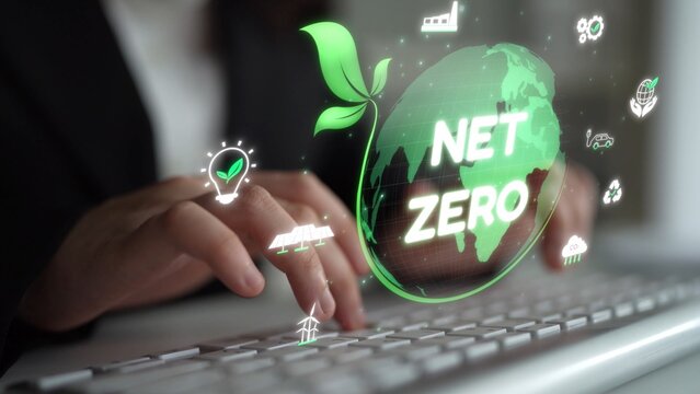 Net zero and sustainability concepts with environmental balance, digital sustainability icons, green energy goals, and eco-conscious digital business transformation for the future. Muxer
